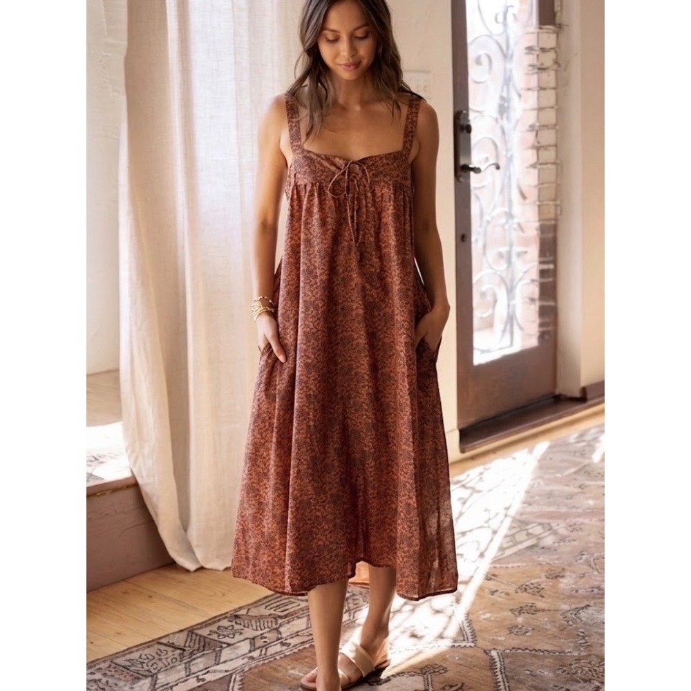 Natural Life Brown Floral Paisley Tie Front Maxi Dress Boho Cottagecore XS/S